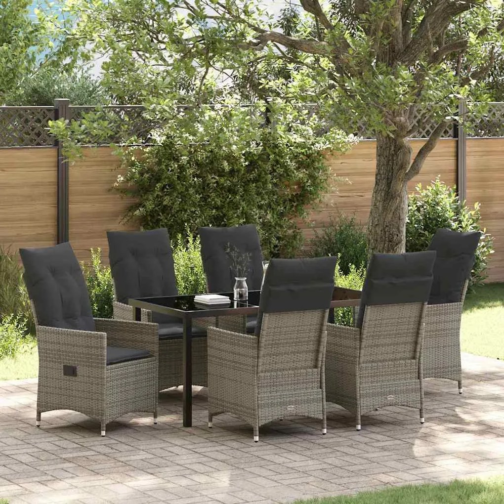 vidaXL Conjunto de Jantar de Jardim com 7 Peças e Almofadas em Rattan Poliéster Cinza