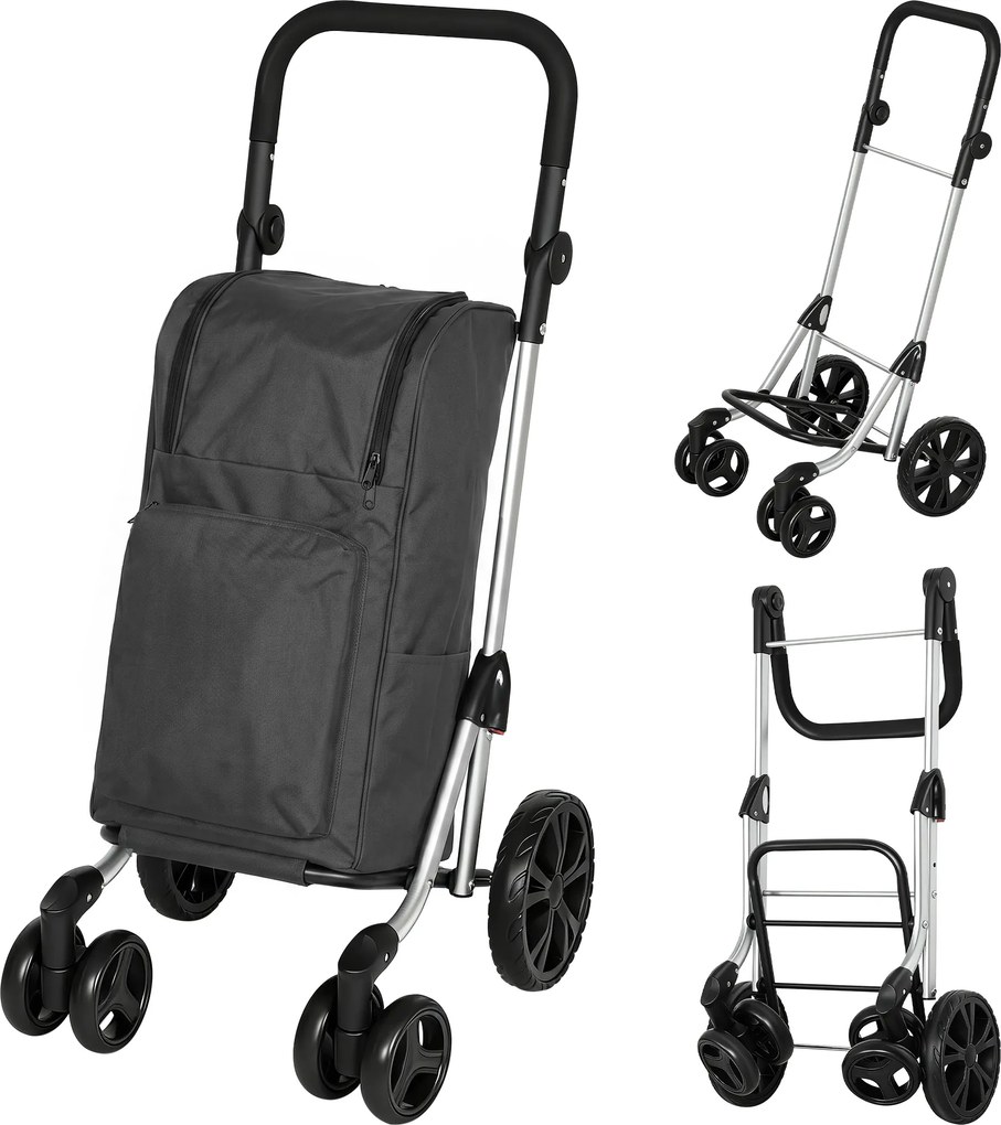 HOMCOM Trolley de compras, bolsa de 46 litros, carrinho dobrável com bolsa térmica, alça ajustável, estrutura de alumínio, cinza escuro | Aosom Portugal