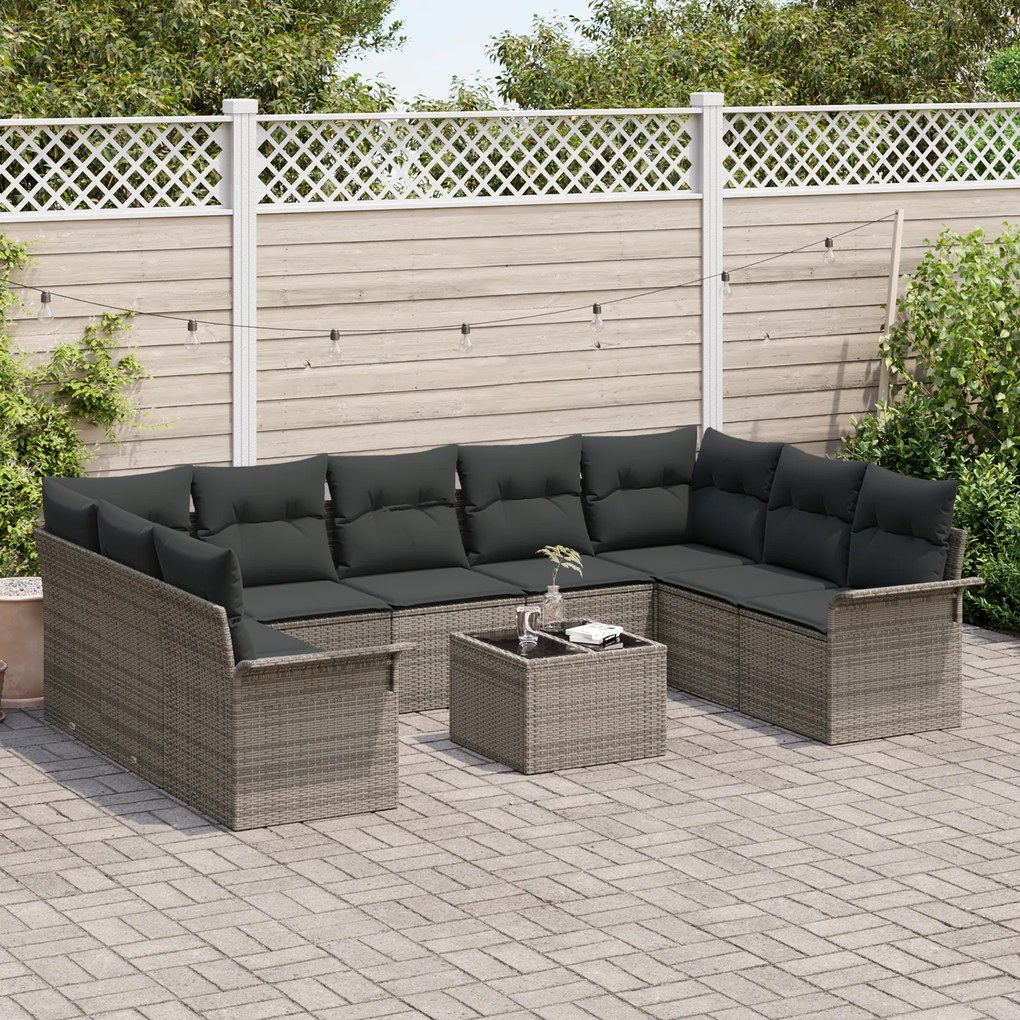 Conjunto de Sofá de Jardim de 9 Peças com Almofadas Rattan Poliéster P