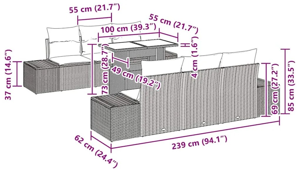Conjunto de sofá de jardim com 7 peças e almofadas de rattan preto