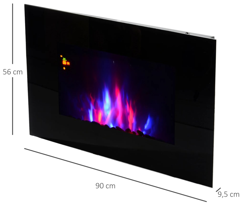 HomCom® Lareira Eléctrica de Parede 1000/2000W Comando a Distância 90x9,5x56 cm