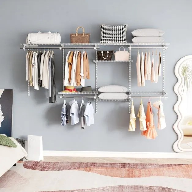 Guarda roupa aberto parede 122 - 244 cm Cabide de parede extensível Sistema de armazenamento DIY Branco