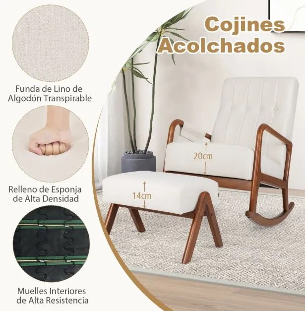 Cadeira de baloiço em madeira estofada com encosto acolchoado, assento almofadado e bolso lateral com apoio para os pés bege