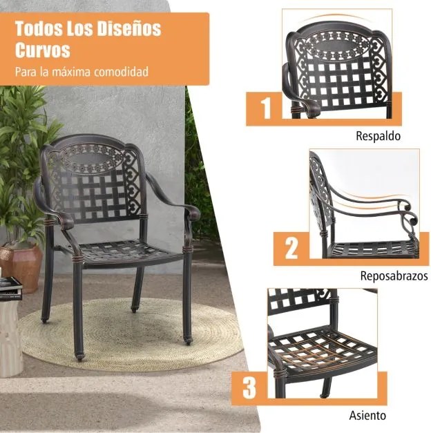 Conjunto de 2 cadeiras jardim ou varanda empilháveis em alumínio fundido com braços 66 x 62 x 90 cm cor Bronze