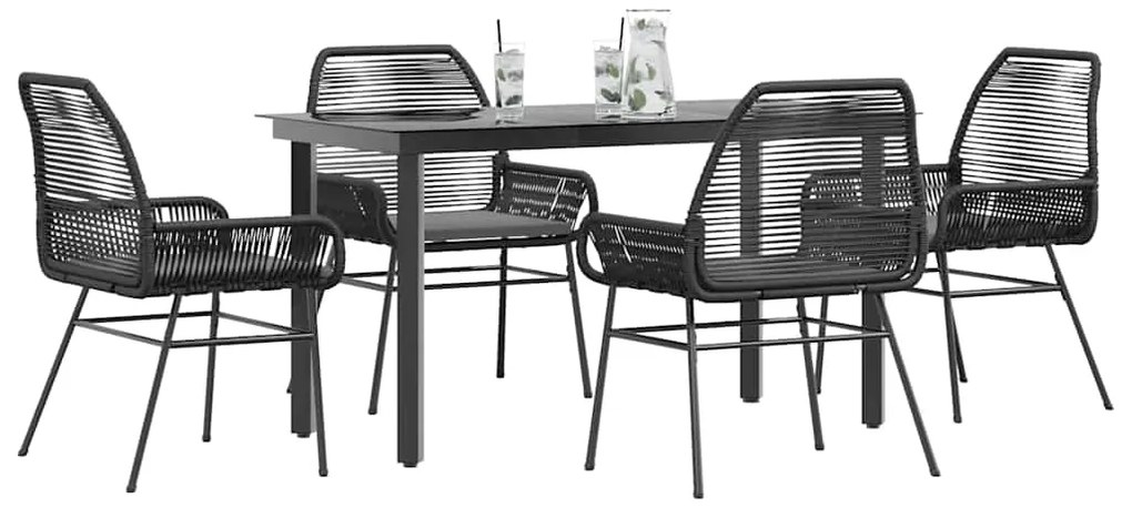 vidaXL Conjunto de jantar jardim 5 peças almofadas vidro vime PE preto