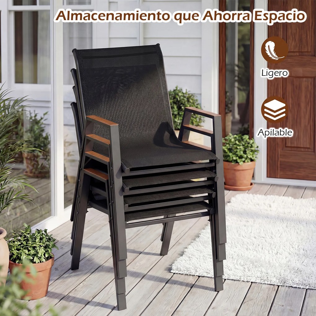 Conjunto de 6 Cadeiras de Jardim Empilháveis (PACOTE SÓ INCLUI 6 CADEIRAS, MESA NÃO INCLUIDA), 56 x 66 x 88 cm, Encosto Alto Ergonómico, Preto