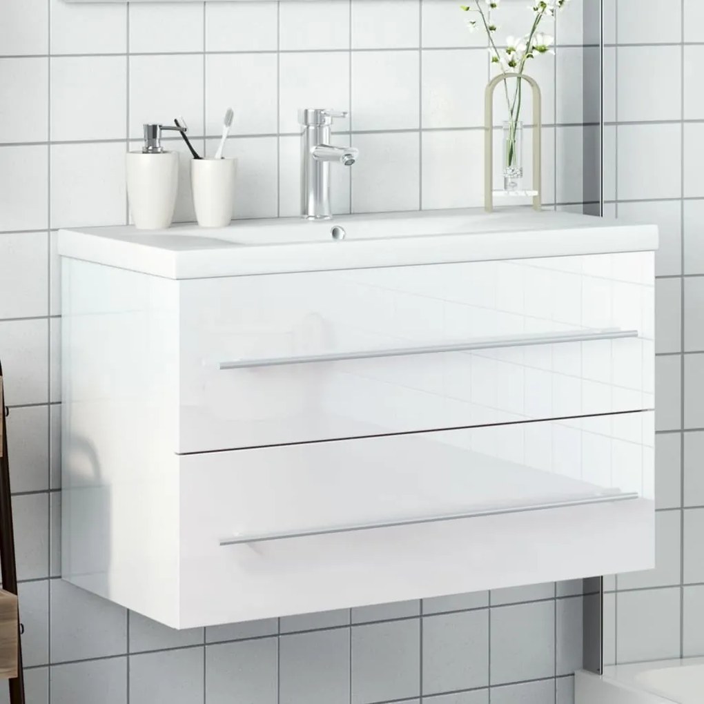 vidaXL Armário de casa de banho c/ lavatório embutido branco brilhante