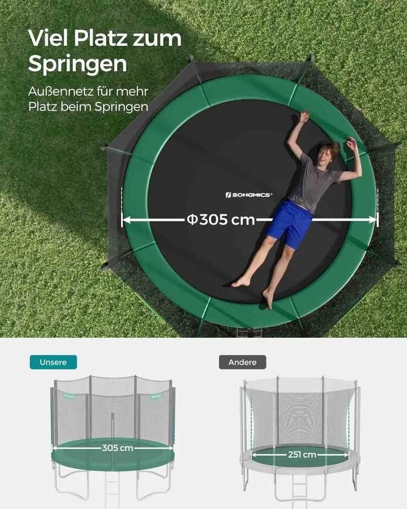 Trampolim com rede segurança Ø 305 cm preto-verde