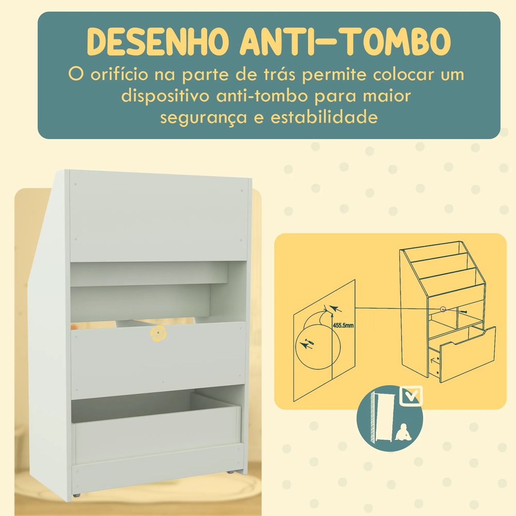 Estante de Madeira para Brinquedos com 3 Compartimentos 2 Prateleiras e Gaveta Móvel com 4 Rodas 60x29,9x90 cm Verde