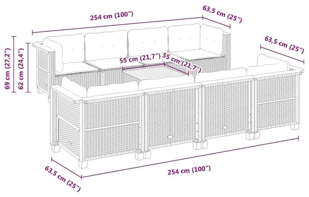 9 pcs conjunto de sofás p/ jardim com almofadões vime PE bege