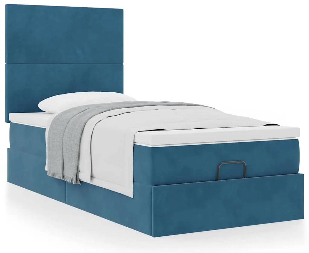 Estrutura cama otomana com colchões azul escuro 90x190cm veludo