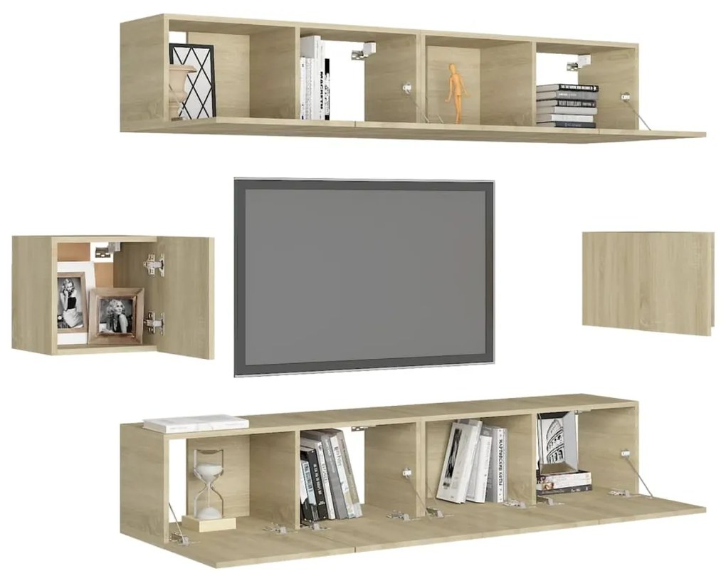 6pcs conjunto de móveis de TV derivados madeira carvalho sonoma