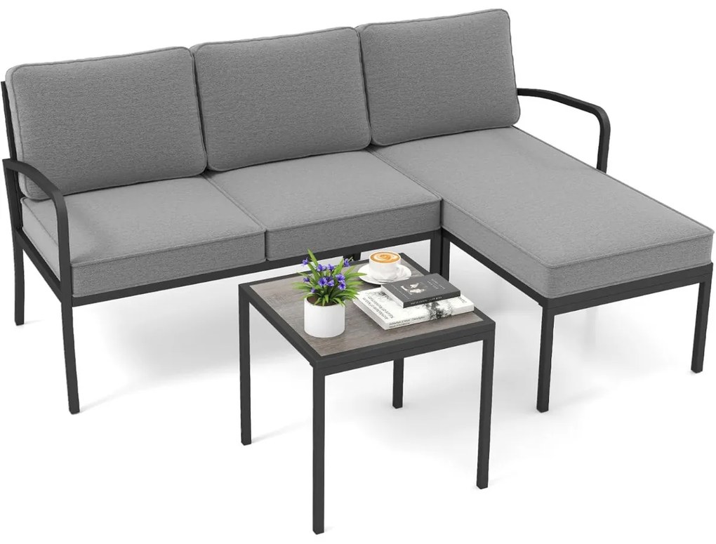 Conjunto de sofá de canto para jardim de 3 peças Sofá em forma de L com mesa de café Estrutura metálica e assento em malha acolchoada Cinza, Preto