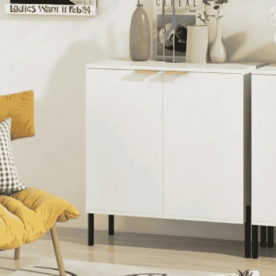 Aparador de 2 portas 70 x 37 x 78 cm com prateleira Pés de metal Kit antiderrapante e dobradiças ajustáveis Móvel moderno Armário branco