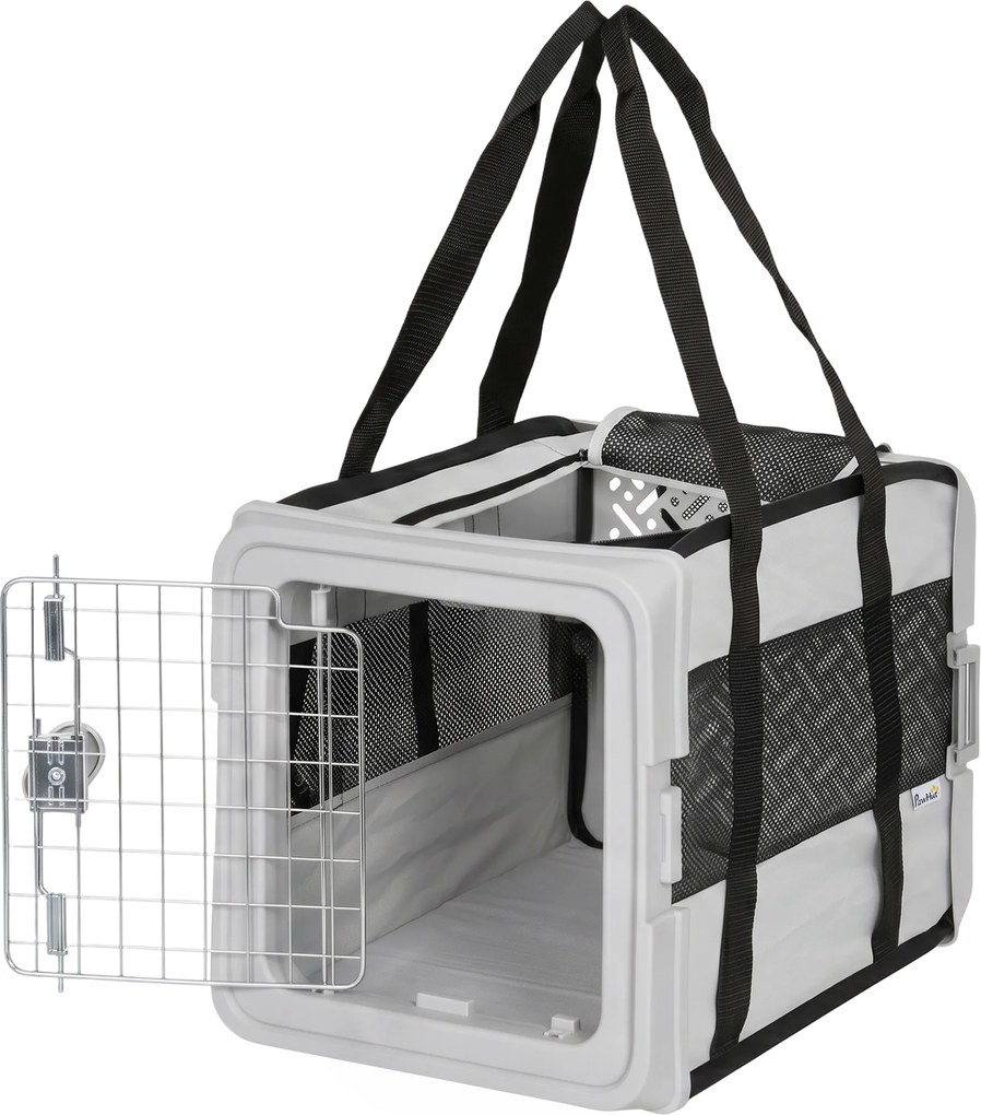 PawHut Transportador Macio para Cães Mini e Gatos Dobrável com Base Rígida, Janelas em Rede, 49.5x34x35.5 cm, Cinza | Aosom Portugal