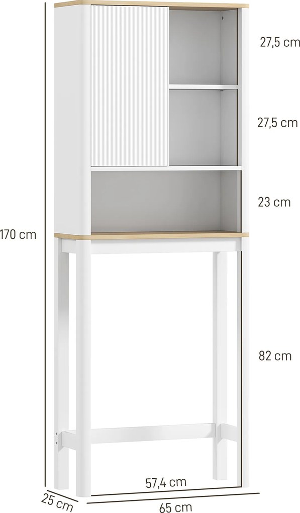 Móvel de arrumação para colocar por cima da sanita 65 x 25 x 170 cm, com porta canelada, compartimentos e prateleira ajustável, branco