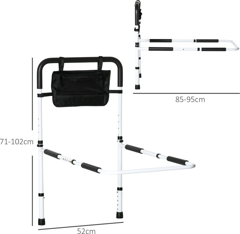 Barra de apoio para cama com pés, proteção ajustável em 5 alturas, bolso de arrumação, 52 x 85-95 x 71-102 cm, branco e preto