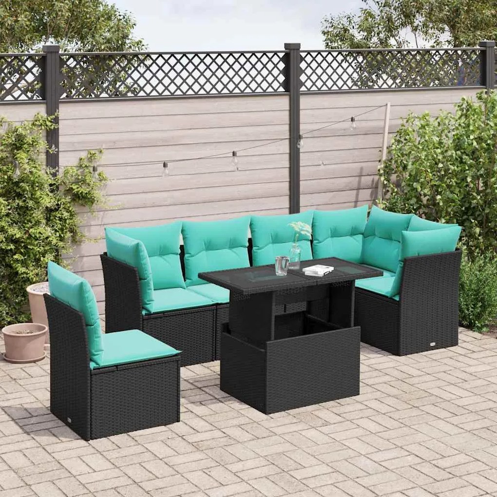 6 pcs conjunto sofás de jardim c/ almofadões vime PE preto