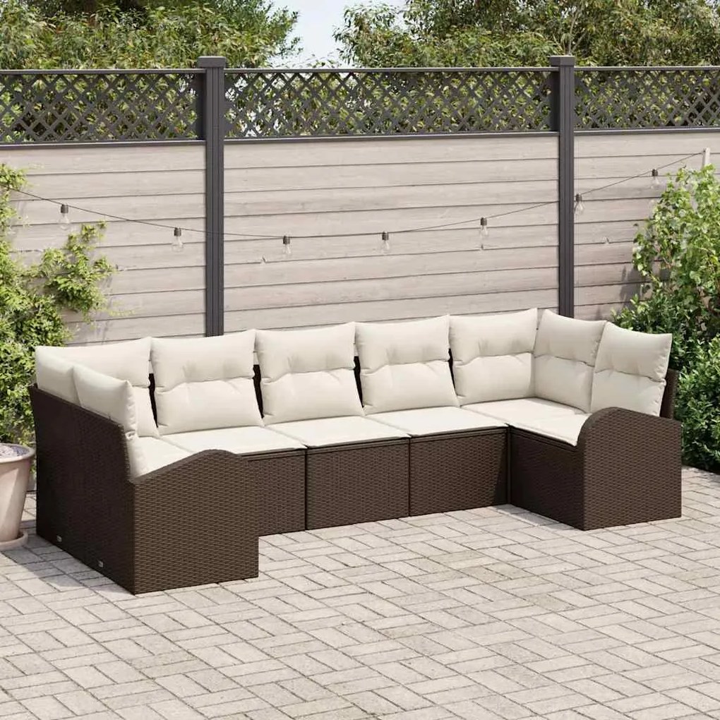 Conjunto de Sofá de Jardim de 7 Peças com Almofadas Castanho Poliratan