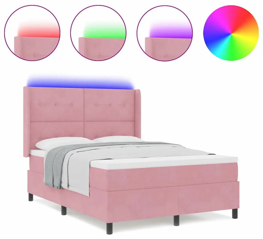Cama Box com Colchão e LED Rosa 140x190 cm Veludo