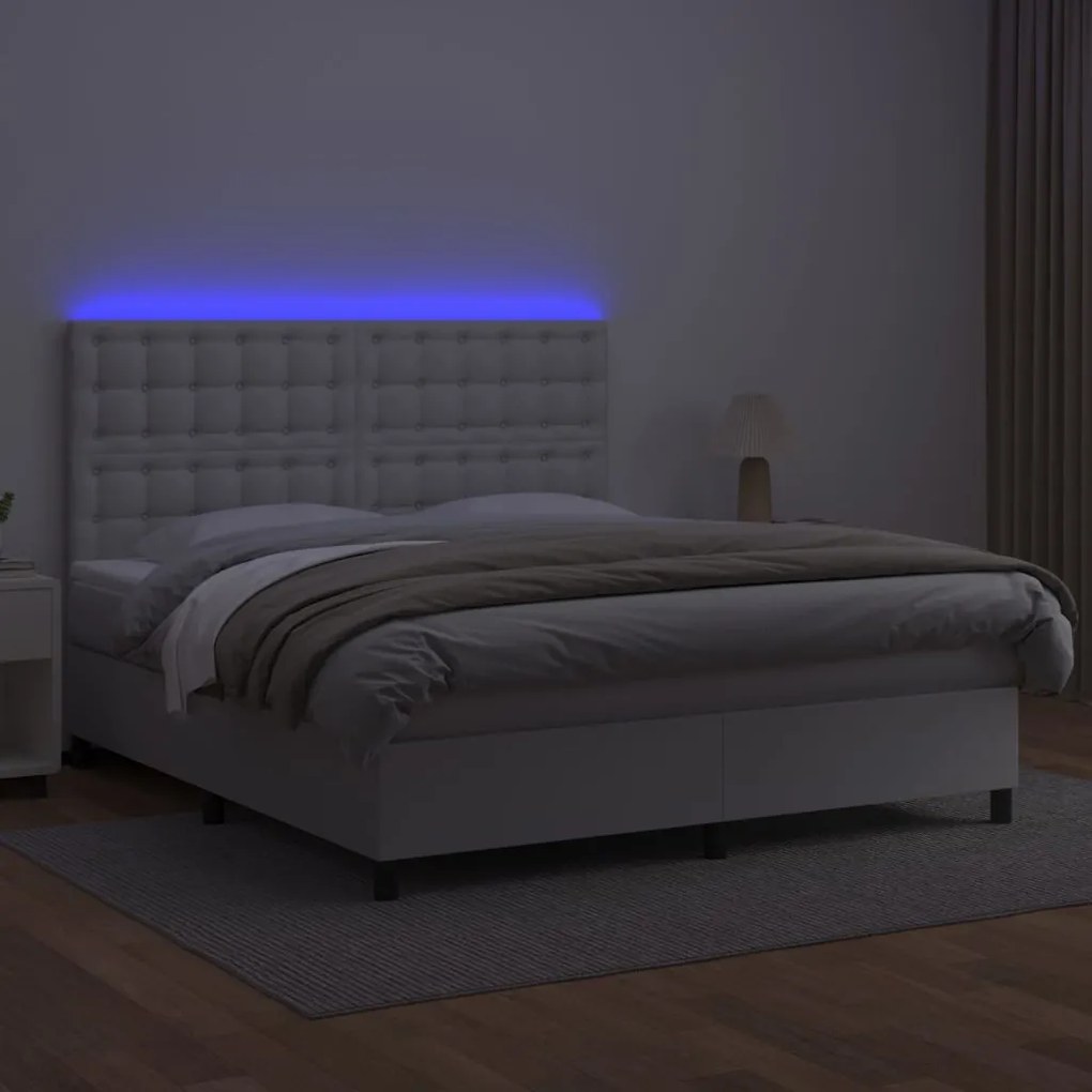 Cama box spring c/colchão/LED 180x200cm couro artificial branco