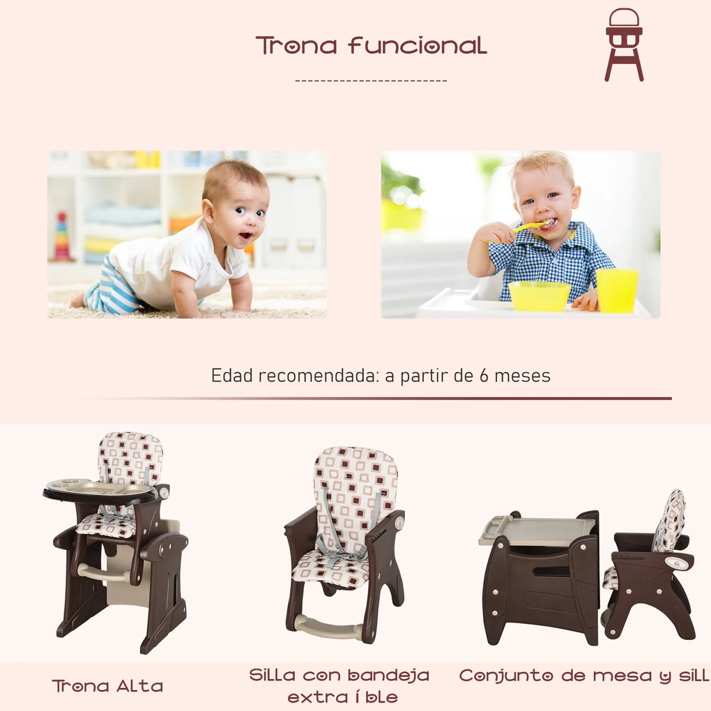 HOMCOM Cadeira para bebês 3 em 1 por mais de 6 meses Transformar em mesa e cadeira multifuncional Ajustável em 3 posições encosto alto Acolchoado com 2 bandejas removíveis 57x59x105 cm Branco