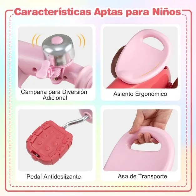 Triciclo para crianças com direção limitada, assento ergonómico, cestos dianteiro e traseiro e campainha para 3-5 anos, cor rosa