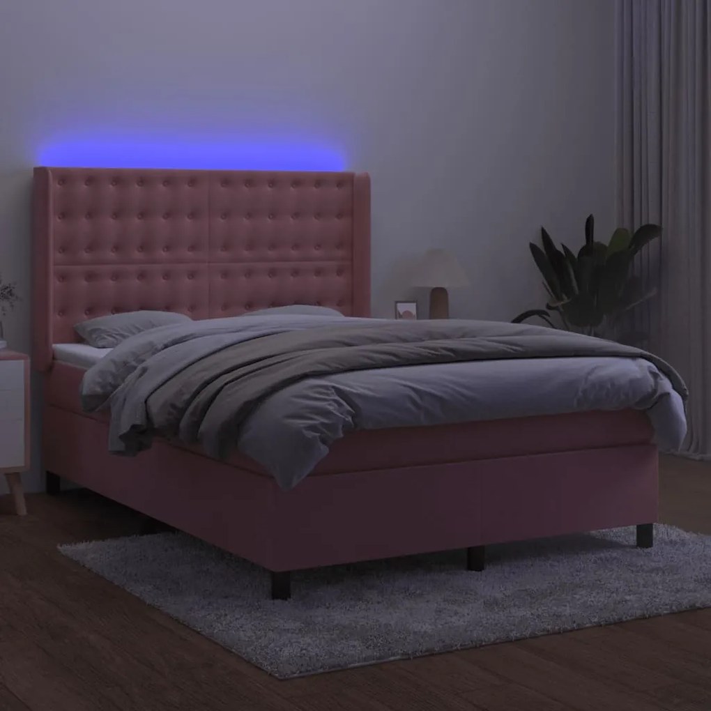 Cama box spring c/ colchão/LED 140x190 cm veludo rosa