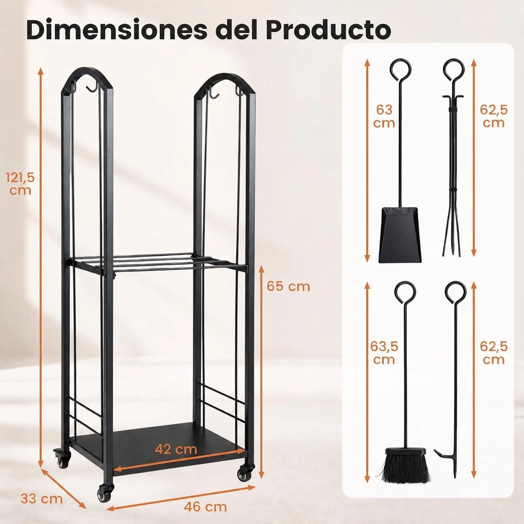 Estante Vertical para Lenha, 46 x 33 x 121,5 cm, Conjunto de Ferramentas, Preto