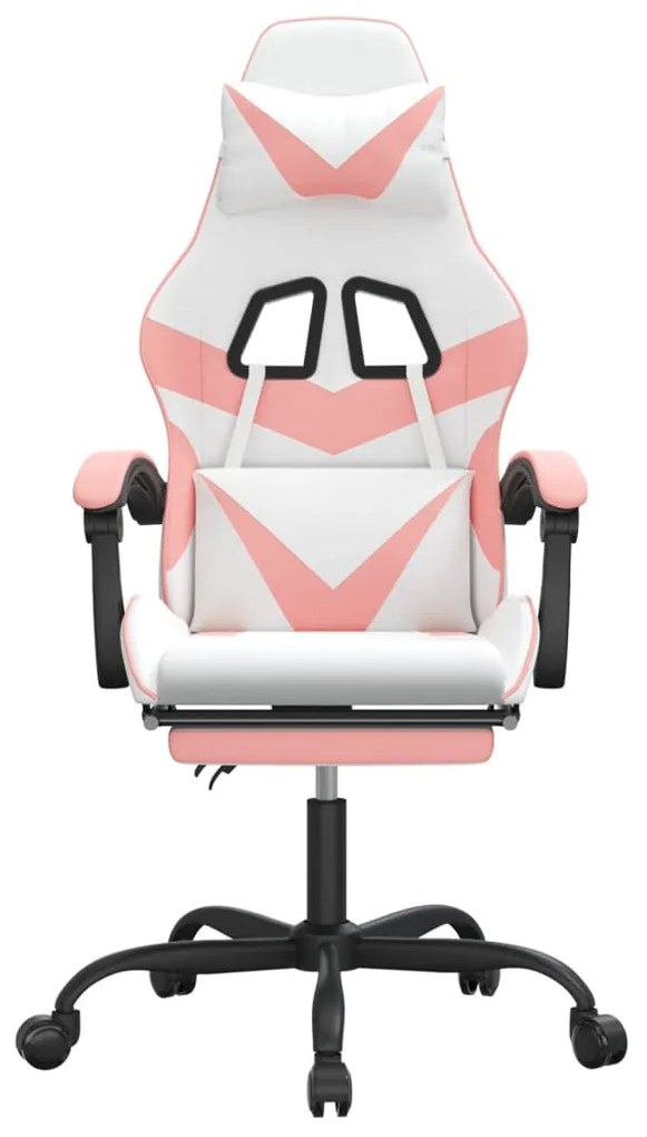 Cadeira gaming com apoio p/ pés couro artificial branco e rosa