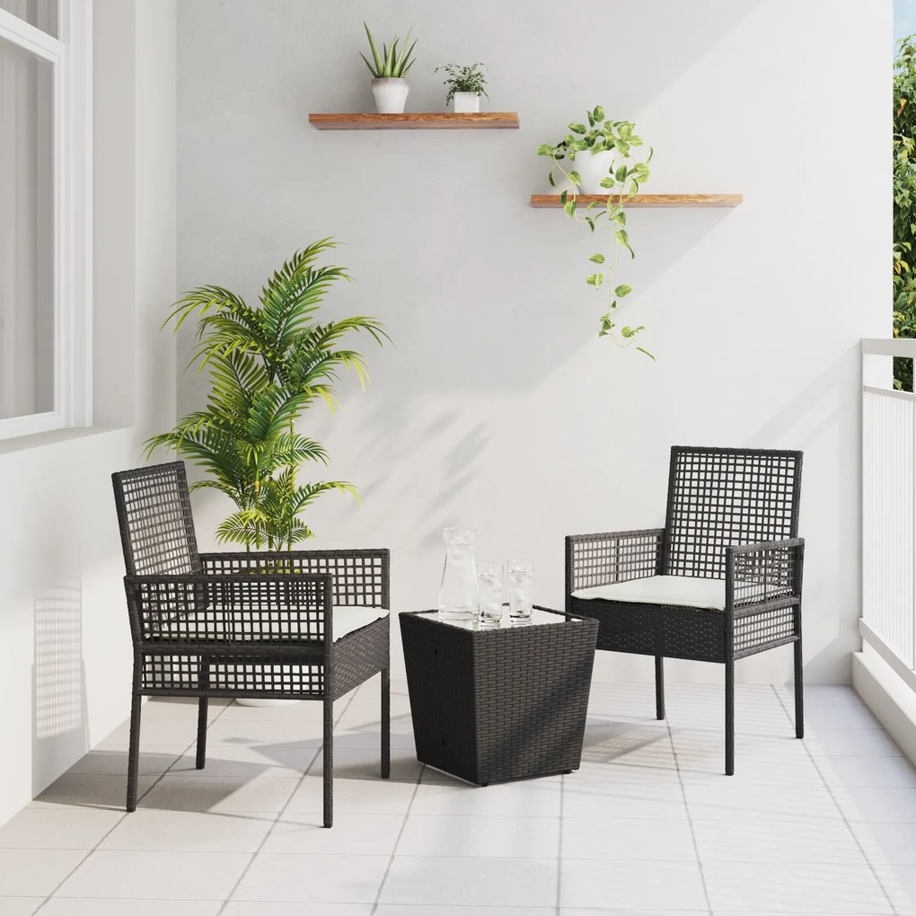Conjunto de Bistro de Jardim 3 Peças com Almofadas Preto Rattan Sintético