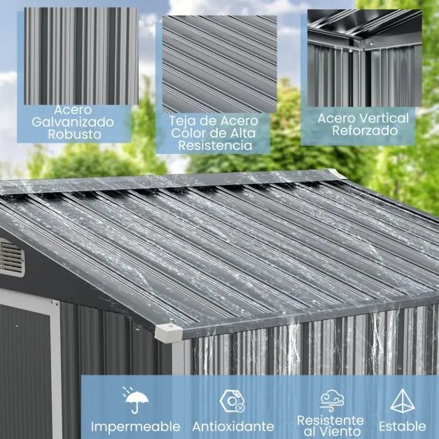Abrigo Jardim 196 x 142 cm de armazenamento para exterior com 4 ventilações Portas Rampa Luvas Organizador de ferramentas Cinza
