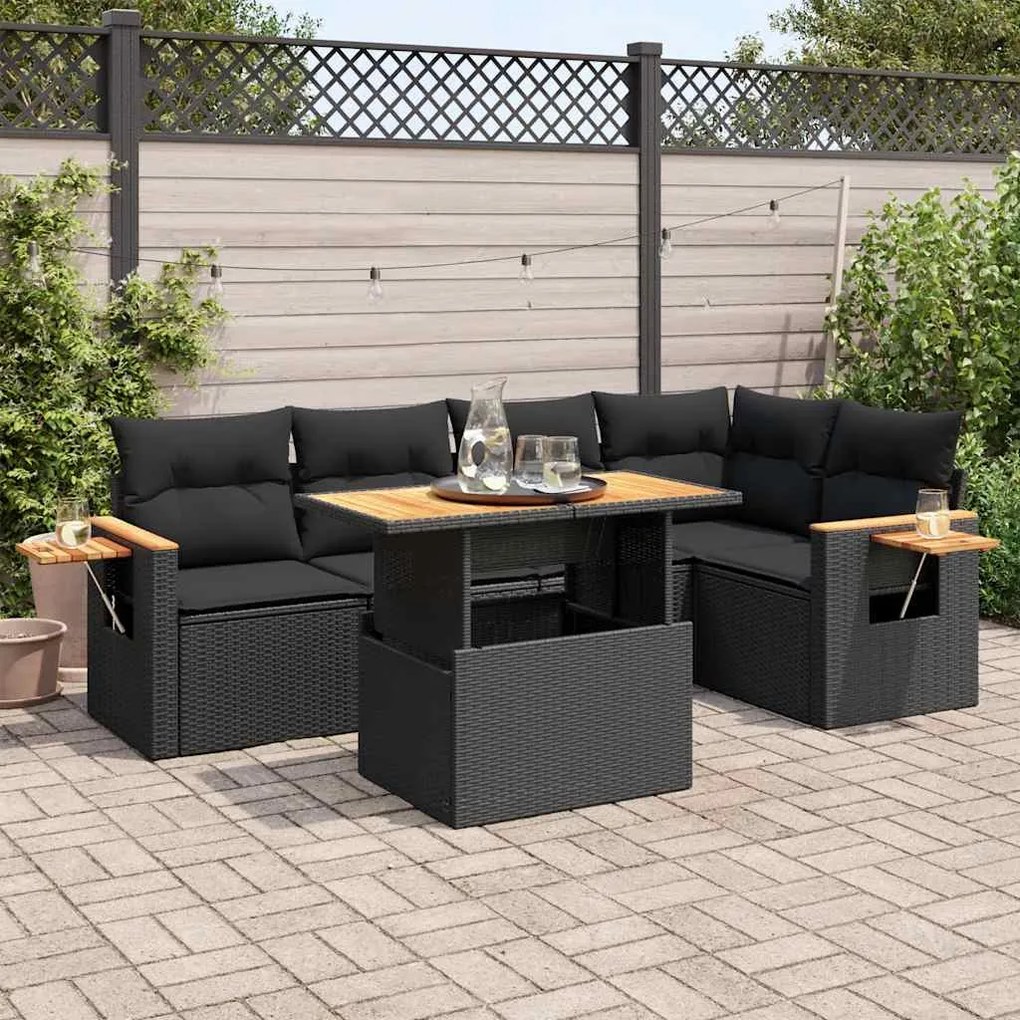 6 pcs conjunto sofás jardim c/ almofadões vime PE/acácia preto