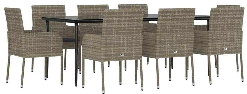 9 pcs conjunto jantar jardim c/ almofadões vime PE preto/cinza