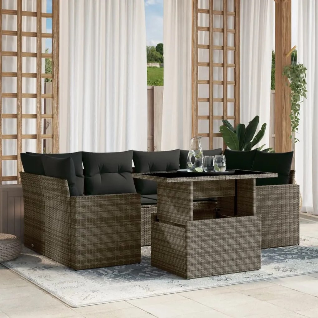 7 pcs conjunto sofás p/ jardim c/ almofadões vime PE cinzento
