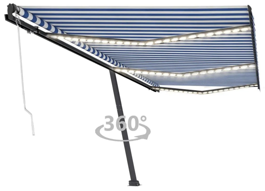 Toldo automático LED e sensor de vento 600x300 cm azul e branco