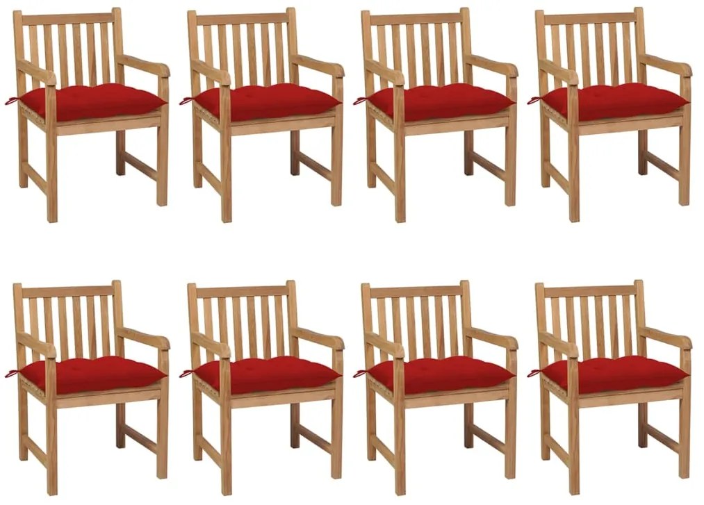 vidaXL Cadeiras de jardim c/ almofadões vermelhos 8 pcs teca maciça