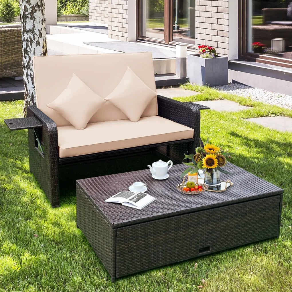 Conjunto sofá cama jardim de 2 lugares em rattan com pufe multifunções Tabuleiro lateral retrátil Encosto ajustável de 4 níveis Castanho