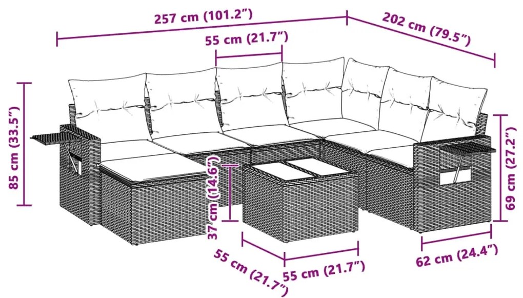 8 pcs conj. sofás jardim c/ almofadões vime PE cinzento-claro
