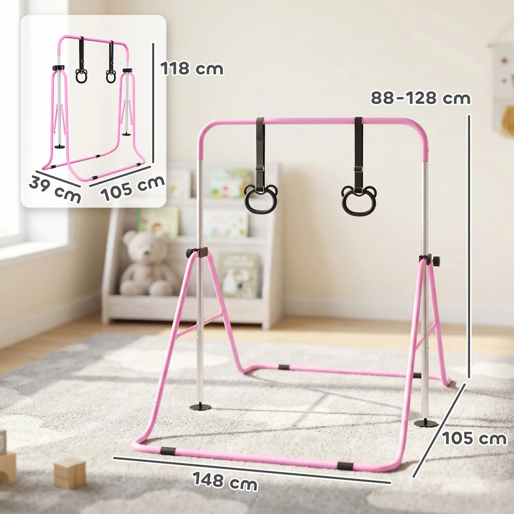 Barra de Ginástica para Crianças com Altura Ajustável em 5 Níveis Anéis e Dobrável 148x105x88-128 cm Rosa