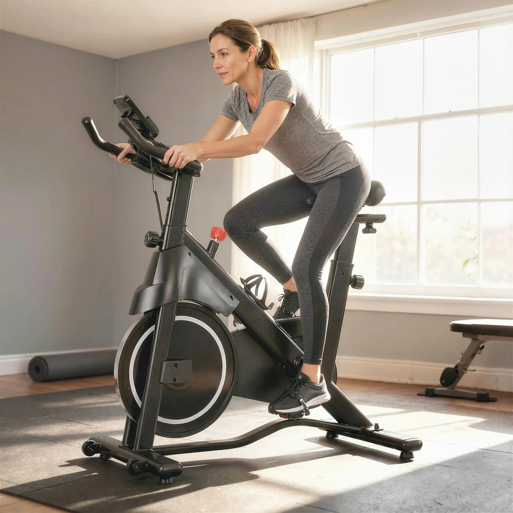 Bicicleta estática, Bicicleta de exercício, Resistência magnética ajustável, Ecrã LCD, Assento confortável, 108 x 51 x 116 cm, branco, preto