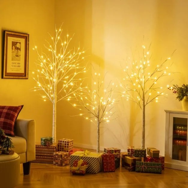 Conjunto de 3 árvores de bétula iluminadas de Natal artificiais pré-montadas de 120/150/180 cm com 216 luzes LED brancas