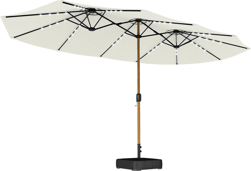 Outsunny Chapéu de Sol Duplo com 48 Luzes LED 459x266x235 cm Base Incluida Manivela Sacos de Areia Creme | Aosom Portugal