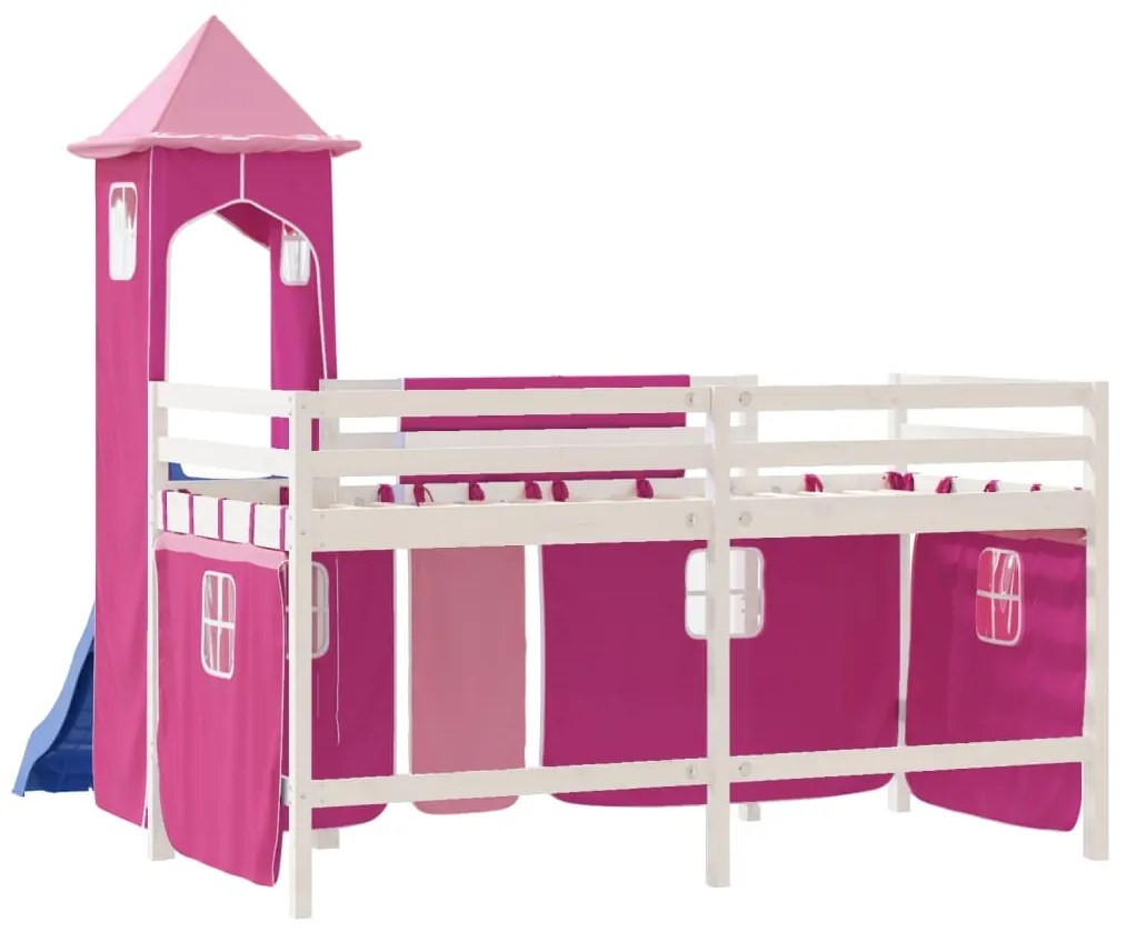 Cama alta para criança com torre 90x200 cm pinho maciço rosa