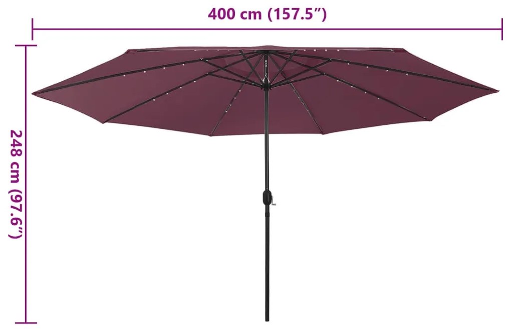Guarda-sol de jardim com luzes LED 400 cm bordô