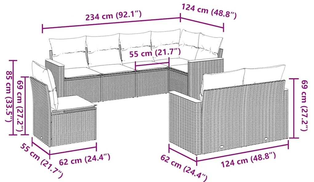 8 pcs conjunto sofás de jardim com almofadões vime PE preto