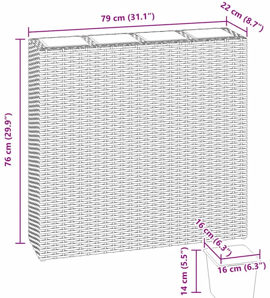 Floreira de jardim com 4 vasos 2 pcs vime PE castanho