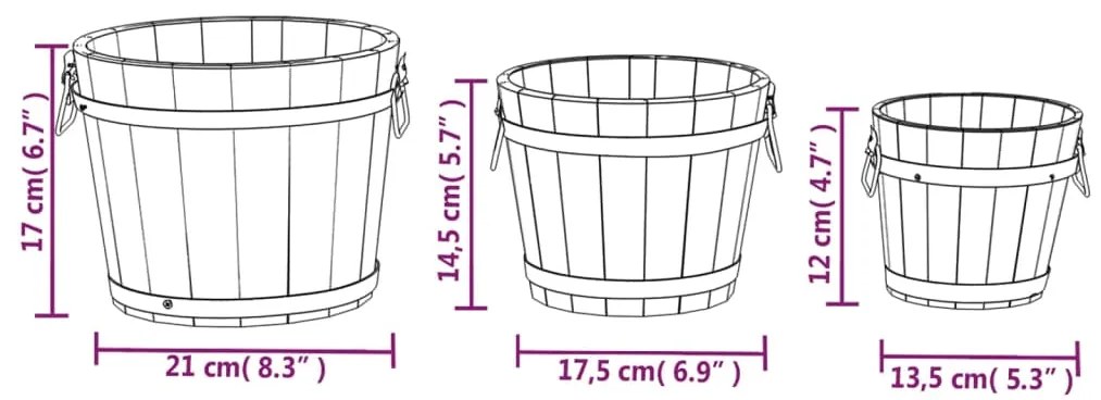 3 pcs conjunto de vasos em forma de balde abeto maciço
