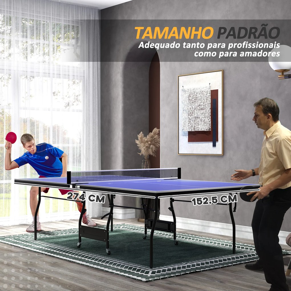 Mesa de Ping Pong Dobrável Profissional com Rodas Inclui 2 Raquetes e 3 Bolas para Interior e Exterior 274x152,5x76 cm Azul