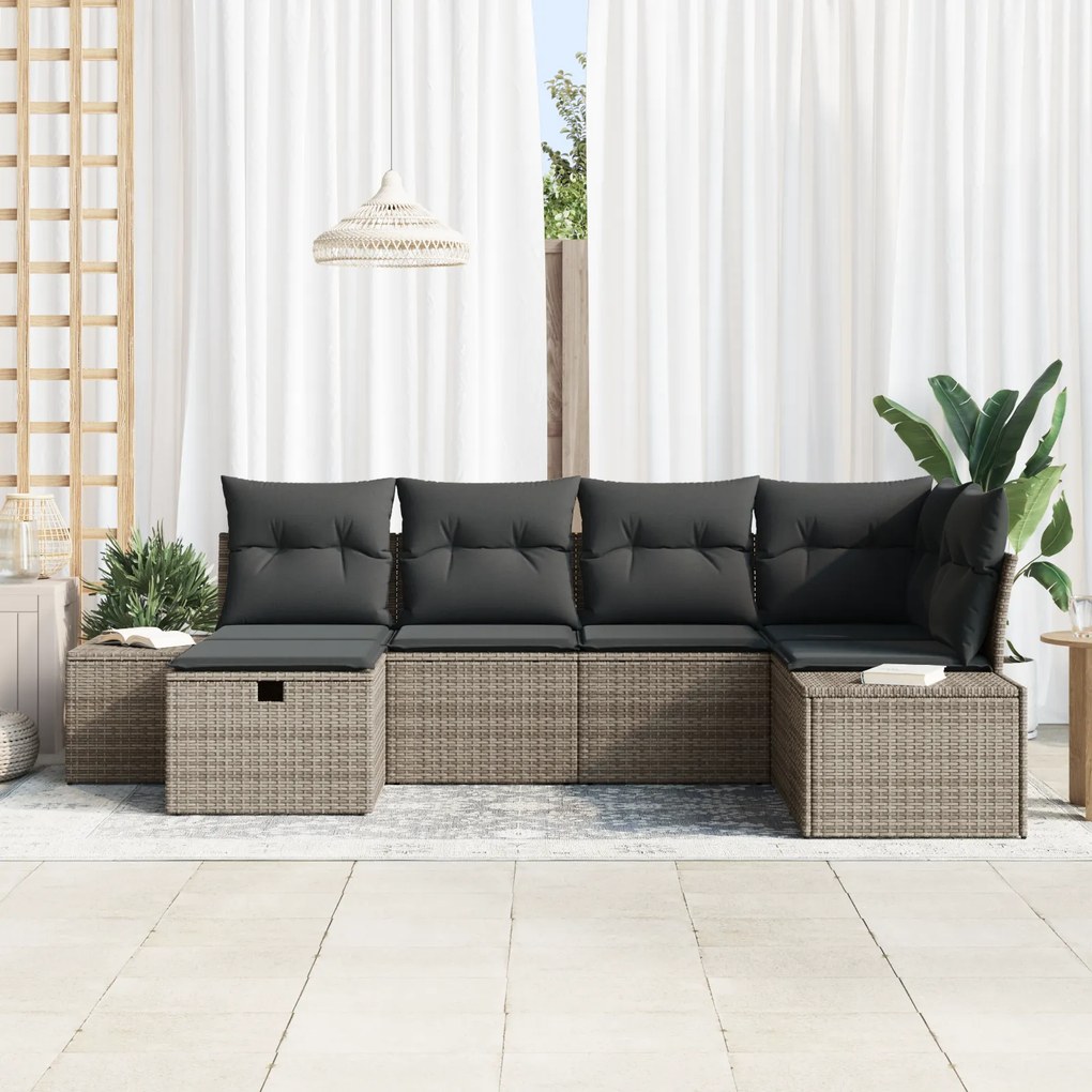 Conjunto de Sofá de Jardim de 6 Peças com Almofadas Cinza Rattan Poli